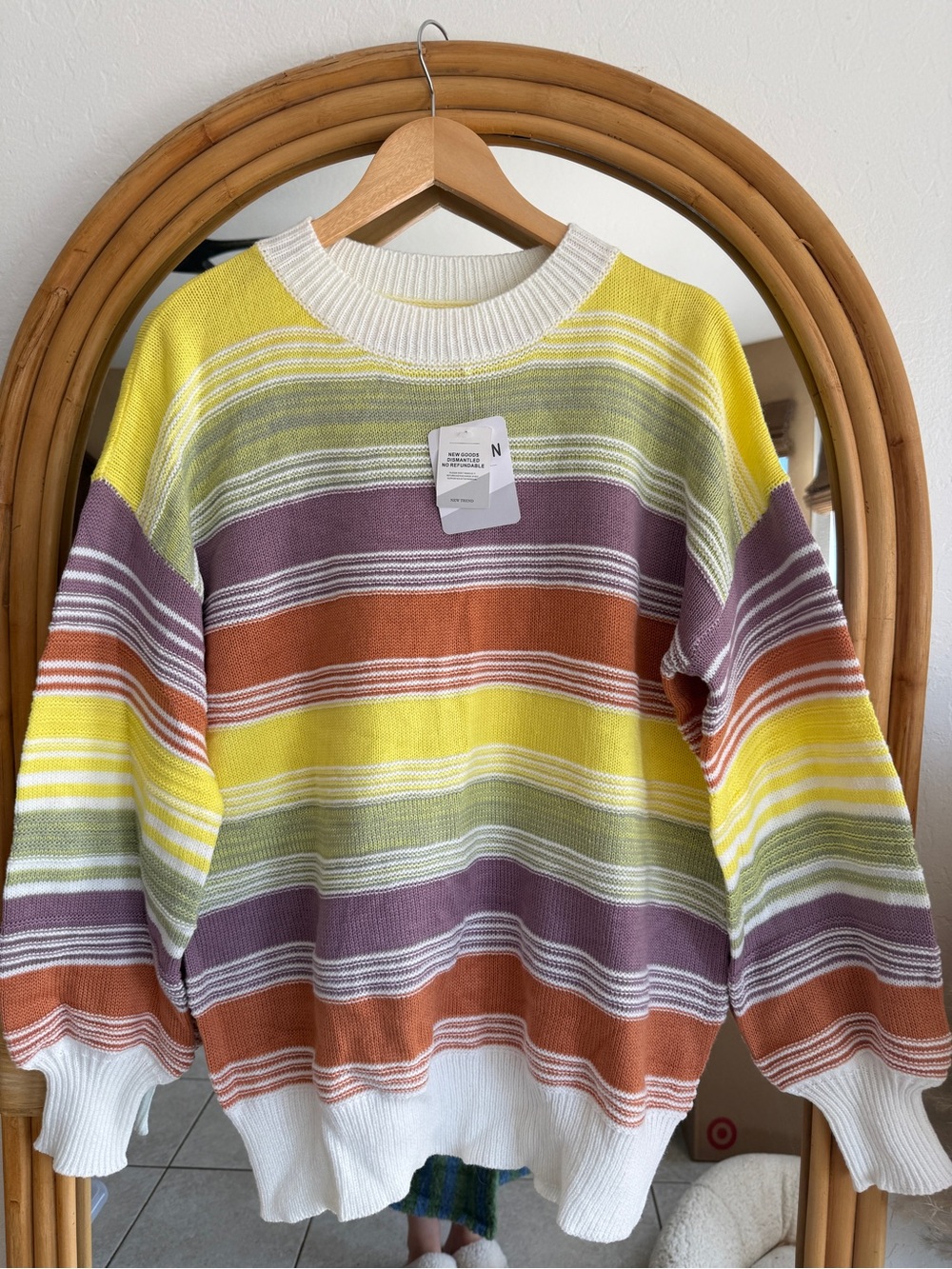 Relaxed Striped Crewneck Sweater in Yellow, Purple & Rust — (Brand: )